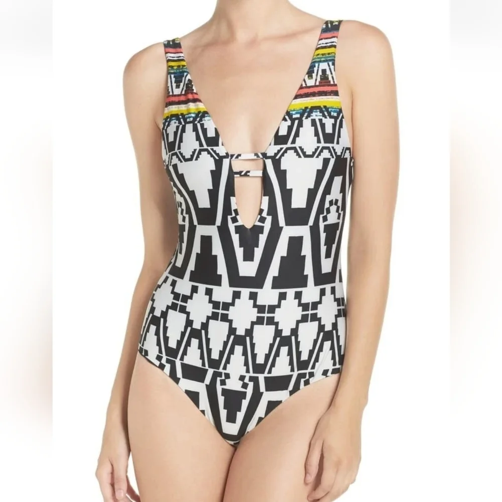 BECCA Women's 'Primitive Journey' Deep V-Neck One-Piece Swimsuit Sz. M